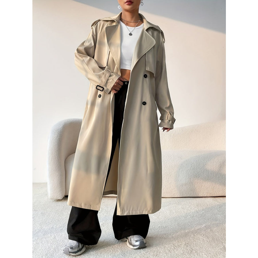 Collared Neck Long Sleeve Longline Trench Coat Apparel and Accessories