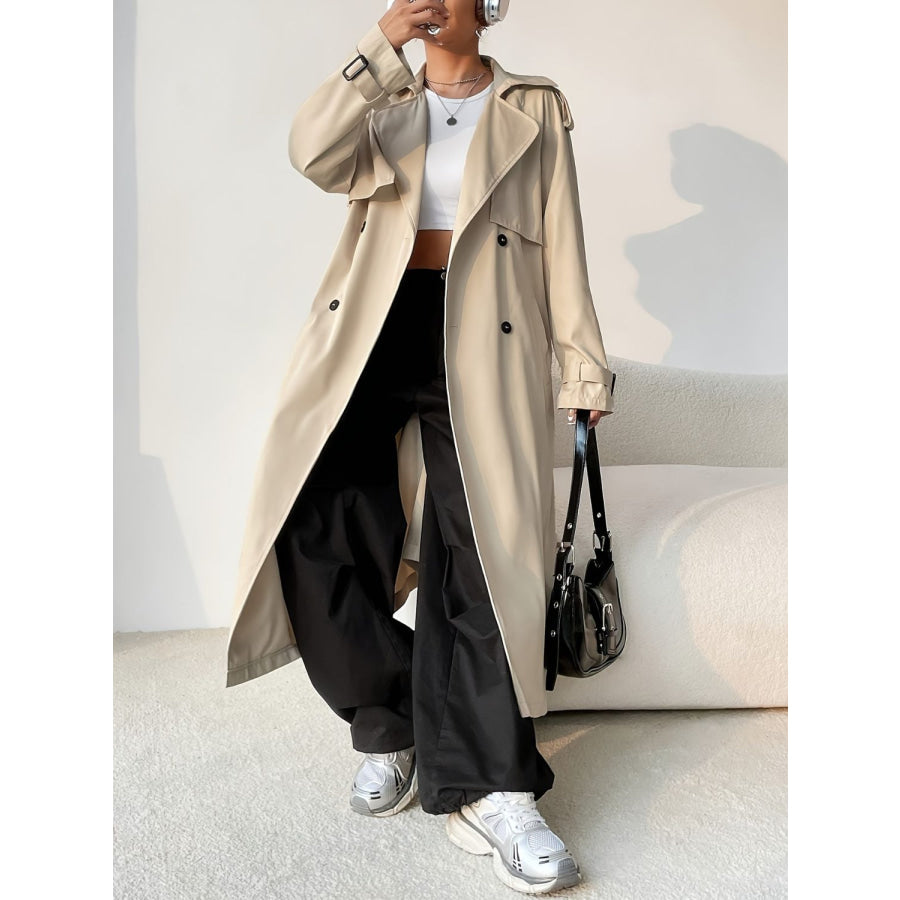 Collared Neck Long Sleeve Longline Trench Coat Apparel and Accessories