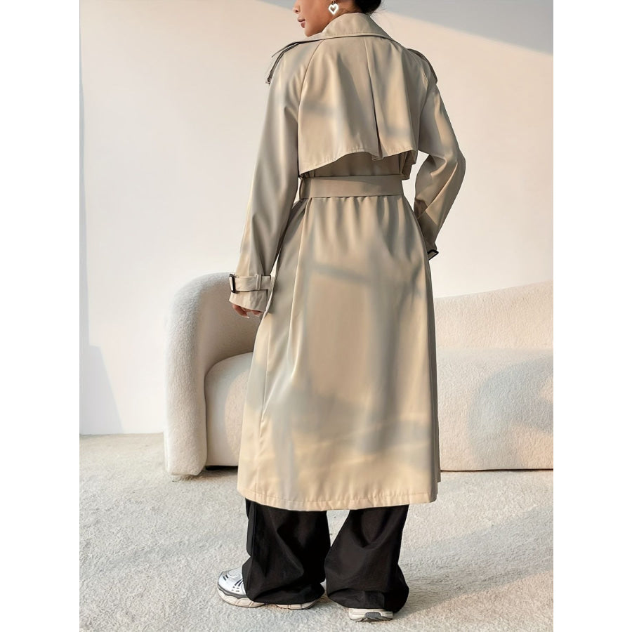 Collared Neck Long Sleeve Longline Trench Coat Beige / S Apparel and Accessories