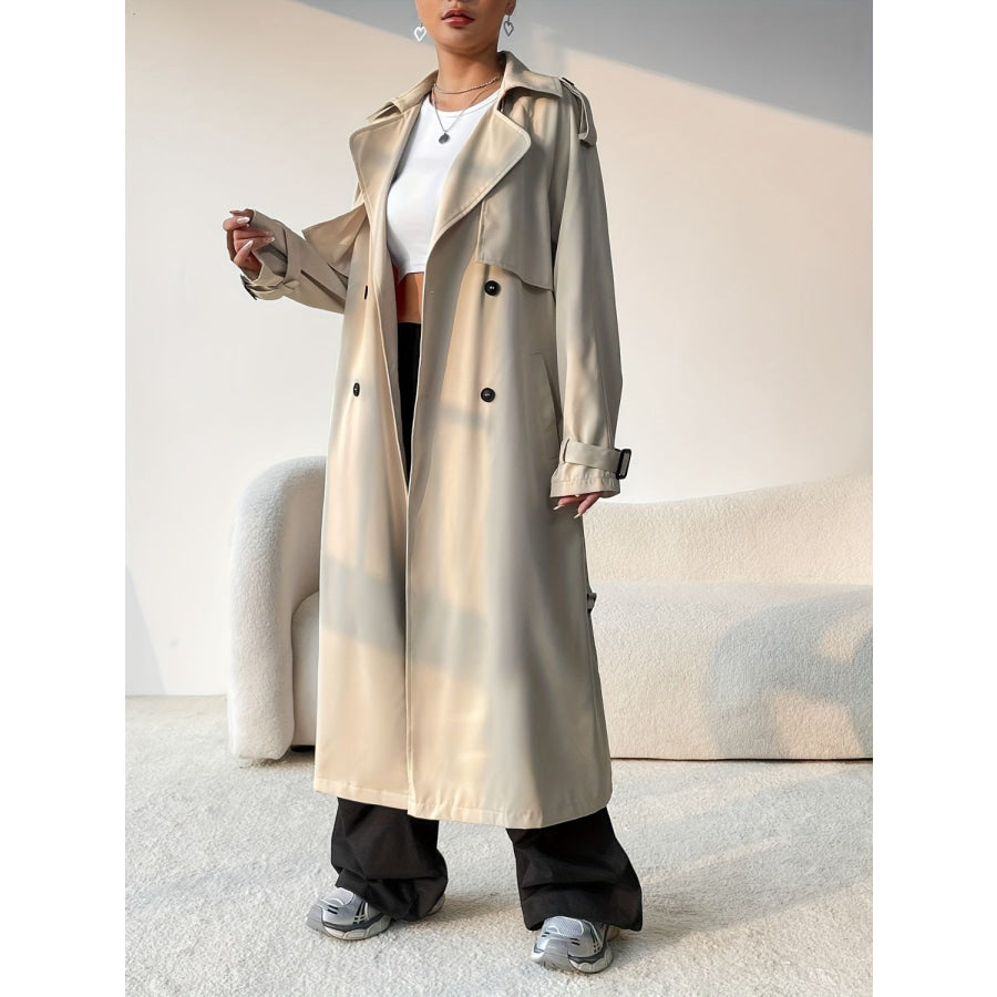 Collared Neck Long Sleeve Longline Trench Coat Apparel and Accessories