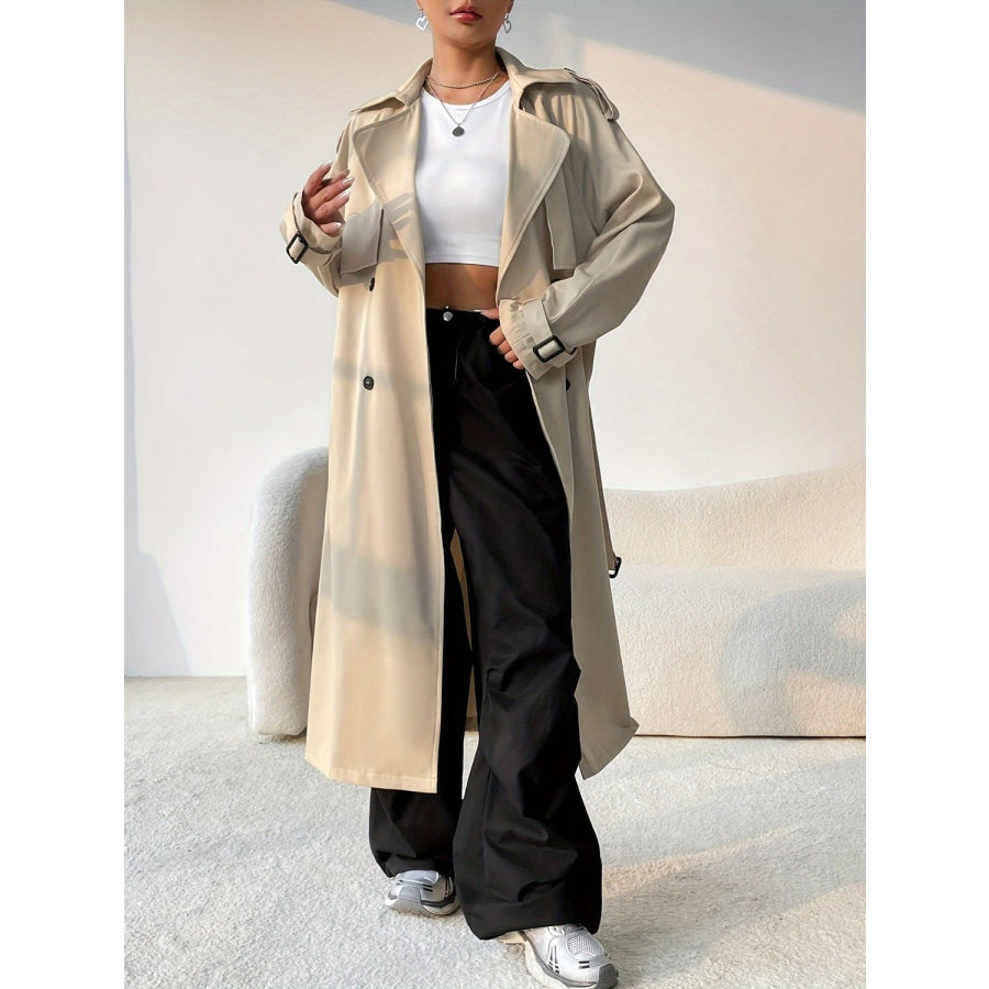 Collared Neck Long Sleeve Longline Trench Coat Beige / S Apparel and Accessories