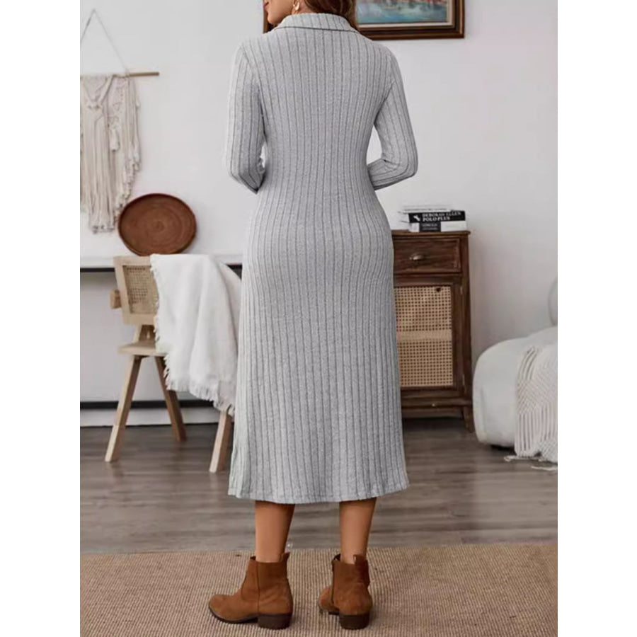 Collared Neck Long Sleeve Midi Dress Apparel and Accessories