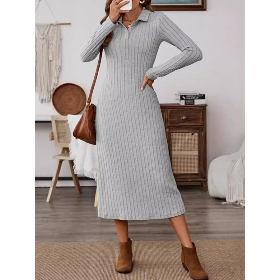 Collared Neck Long Sleeve Midi Dress Apparel and Accessories