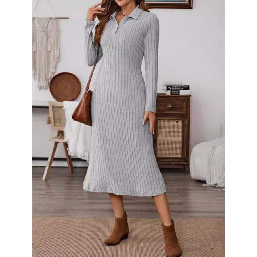 Collared Neck Long Sleeve Midi Dress Apparel and Accessories