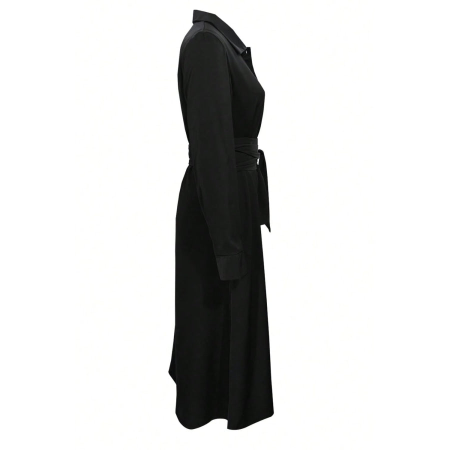 Collared Neck Long Sleeve Midi Shirt Dress Apparel and Accessories
