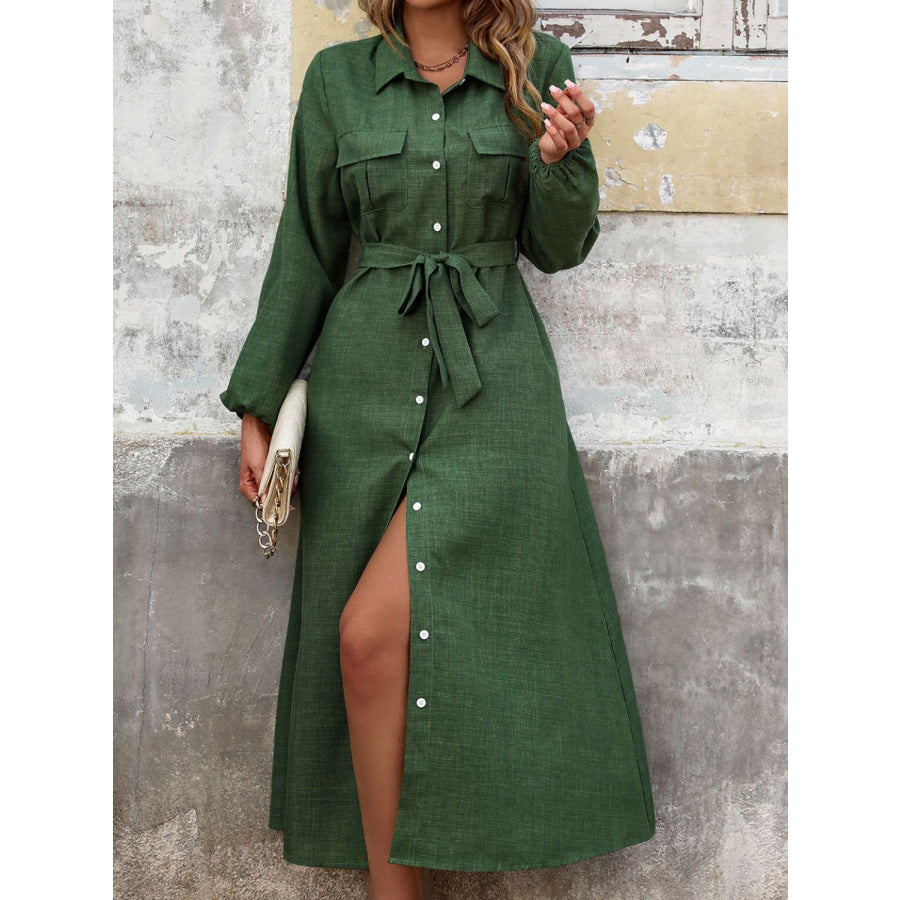 Collared Neck Long Sleeve Midi Shirt Dress Apparel and Accessories