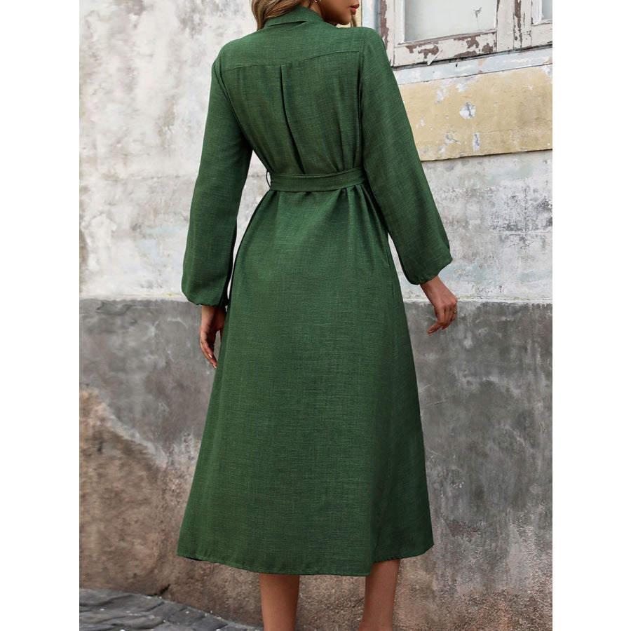 Collared Neck Long Sleeve Midi Shirt Dress Apparel and Accessories