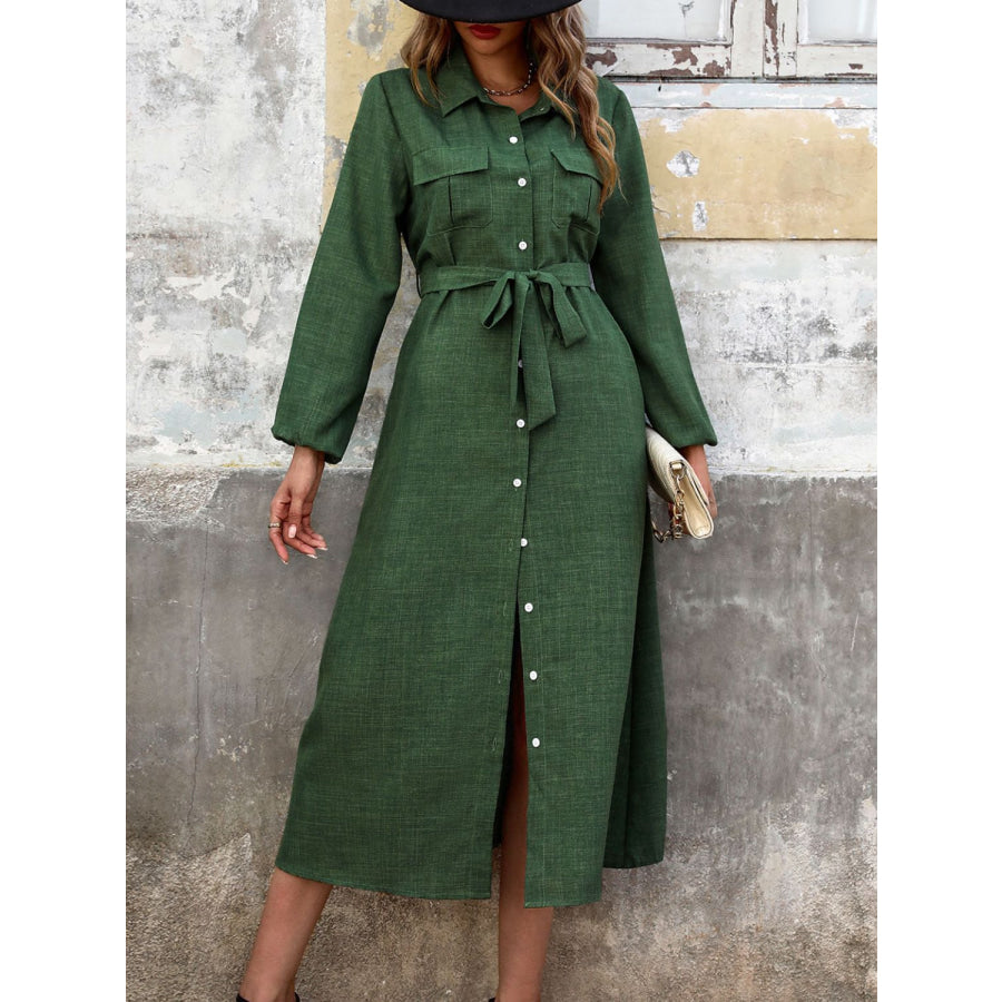 Collared Neck Long Sleeve Midi Shirt Dress Black Forest / S Apparel and Accessories