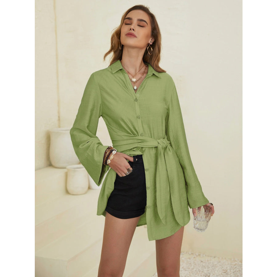 Collared Neck Long Sleeve Mini Shirt Dress Apparel and Accessories