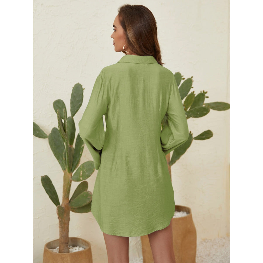 Collared Neck Long Sleeve Mini Shirt Dress Matcha Green / XS Apparel and Accessories