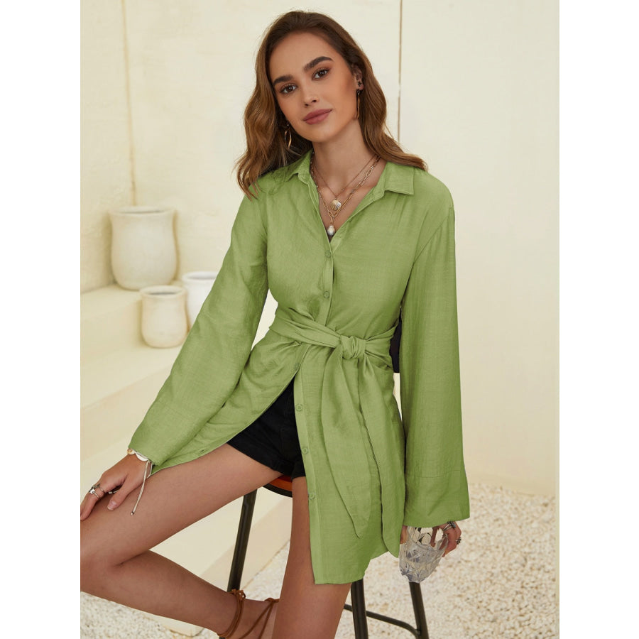 Collared Neck Long Sleeve Mini Shirt Dress Apparel and Accessories