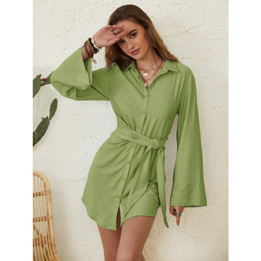 Collared Neck Long Sleeve Mini Shirt Dress Matcha Green / XS Apparel and Accessories