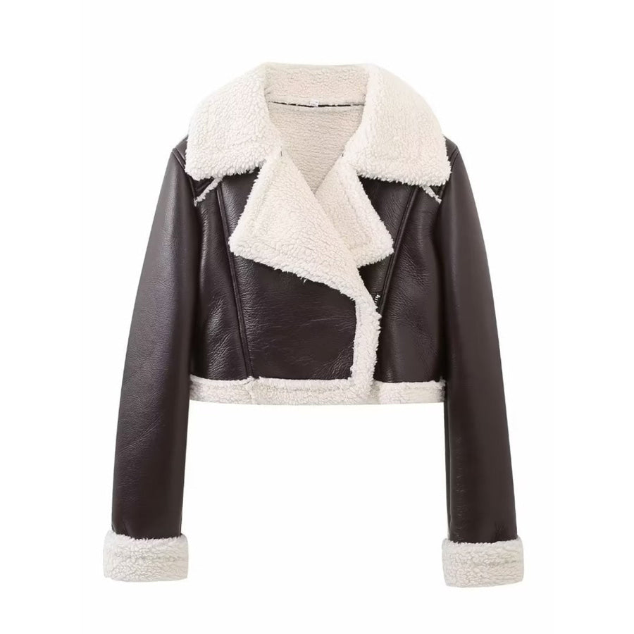 Collared Neck Long Sleeve Plush Cropped Jacket Apparel and Accessories