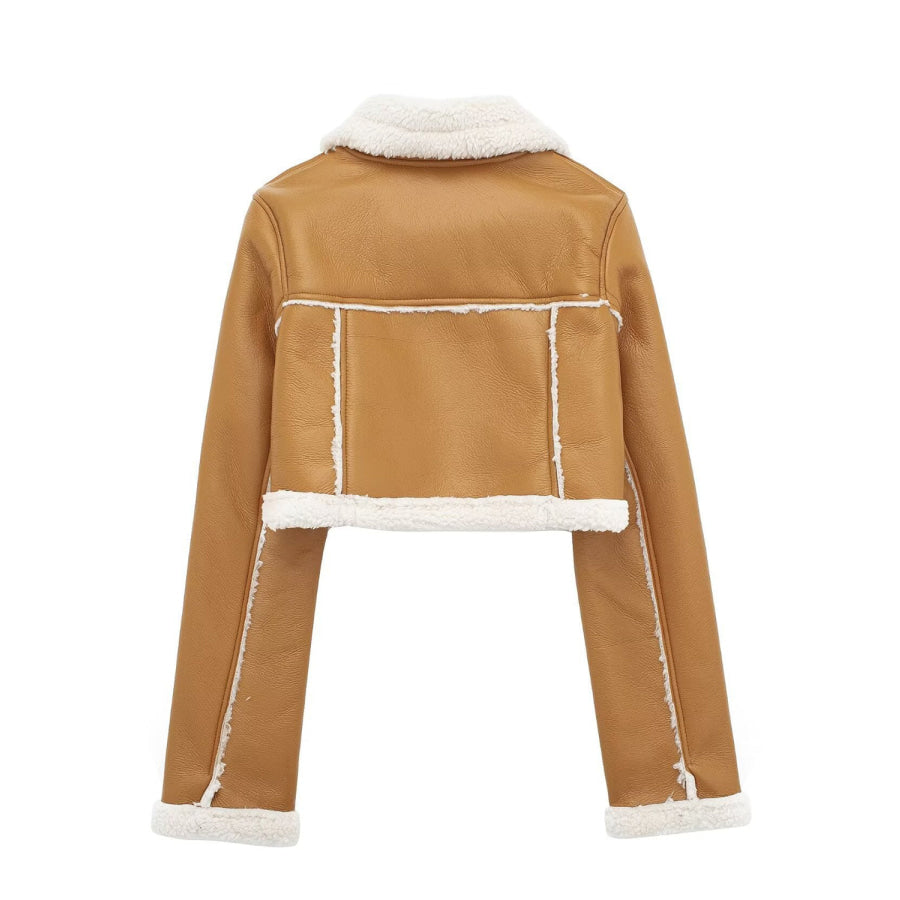 Collared Neck Long Sleeve Plush Cropped Jacket Apparel and Accessories