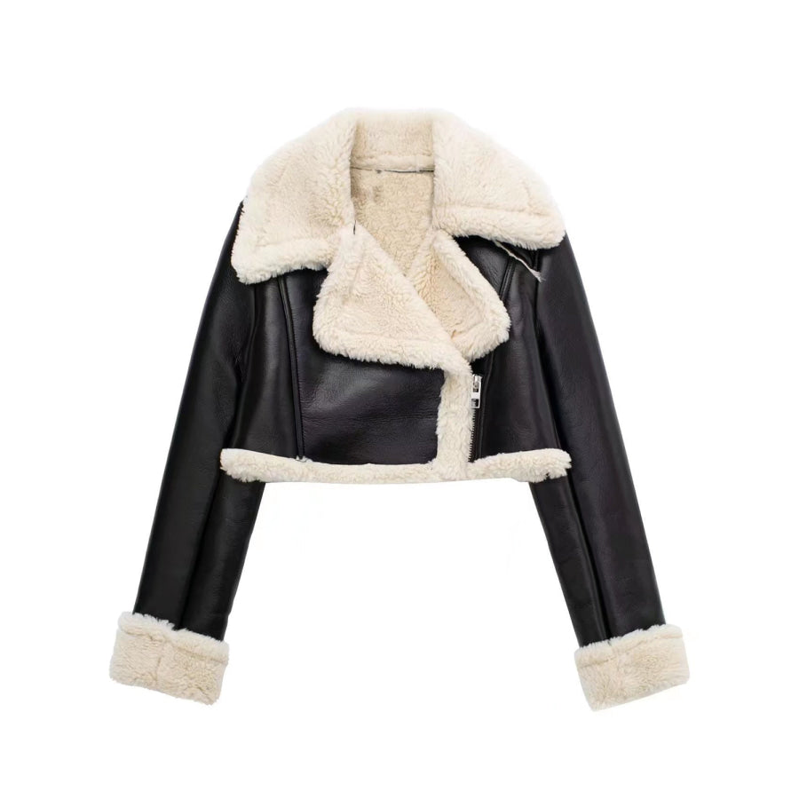 Collared Neck Long Sleeve Plush Cropped Jacket Apparel and Accessories