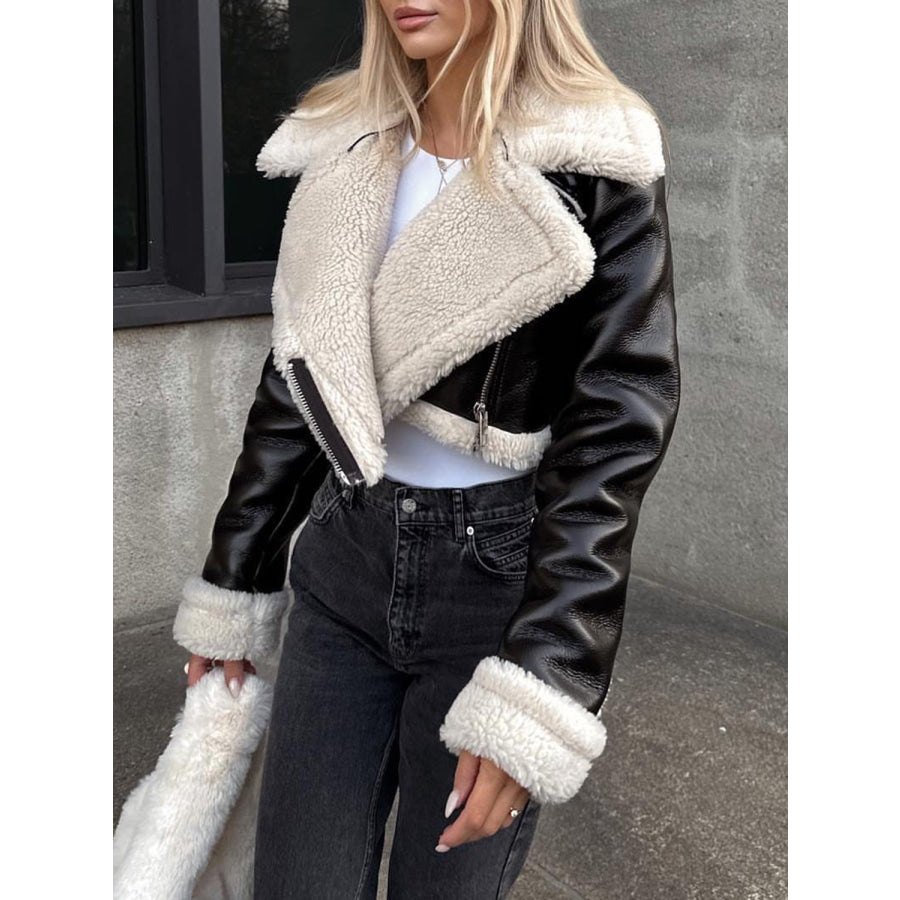 Collared Neck Long Sleeve Plush Cropped Jacket Apparel and Accessories