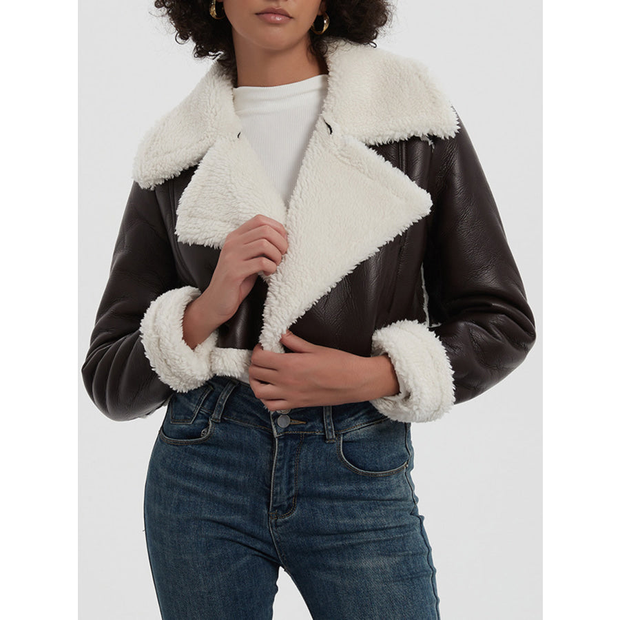 Collared Neck Long Sleeve Plush Cropped Jacket Apparel and Accessories