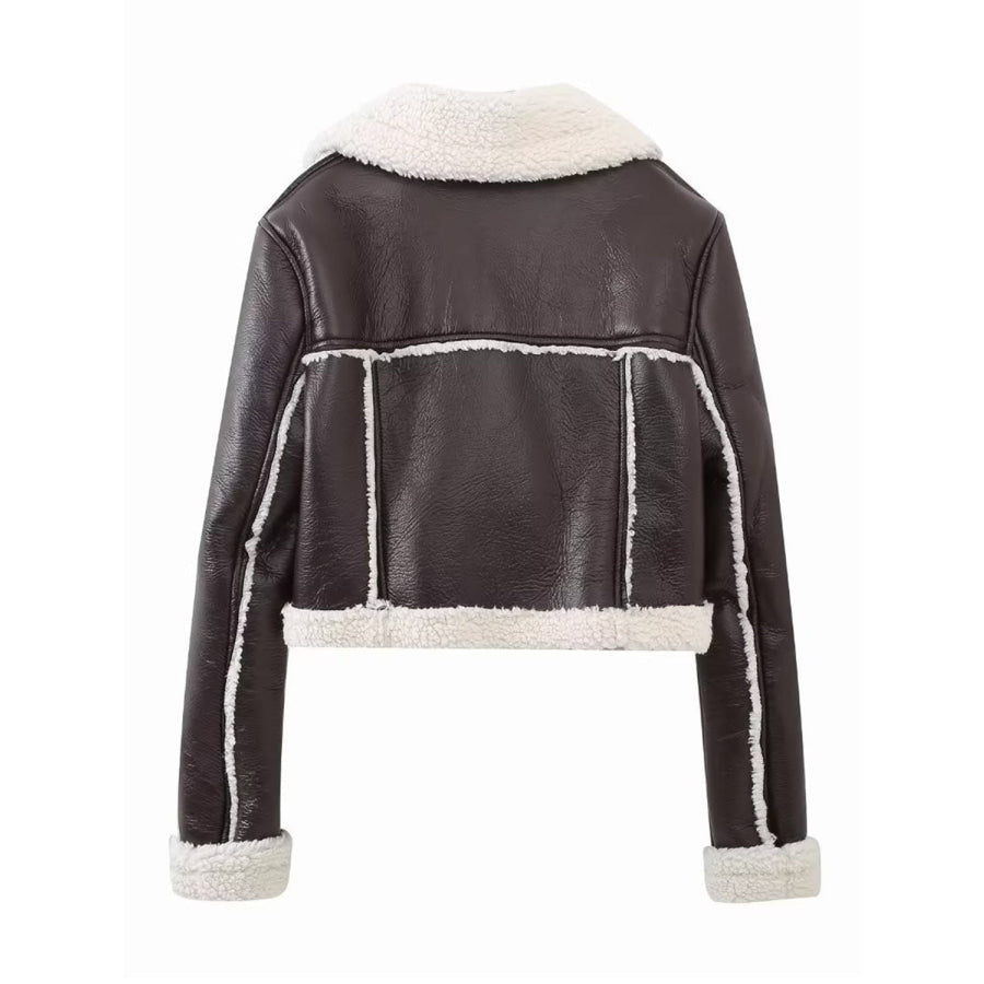 Collared Neck Long Sleeve Plush Cropped Jacket Apparel and Accessories