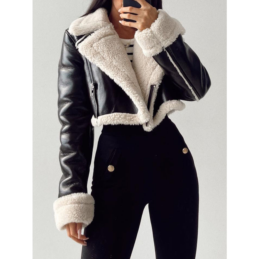 Collared Neck Long Sleeve Plush Cropped Jacket Black/White / XS Apparel and Accessories