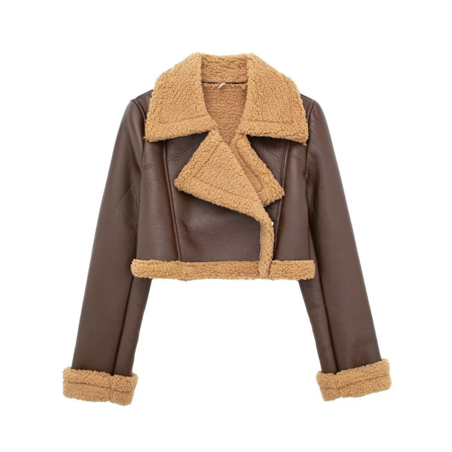 Collared Neck Long Sleeve Plush Cropped Jacket Brown / XS Apparel and Accessories