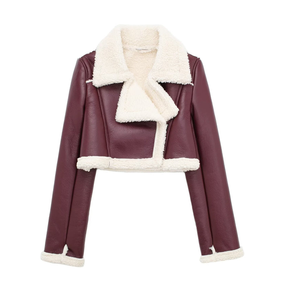 Collared Neck Long Sleeve Plush Cropped Jacket Burgundy / XS Apparel and Accessories