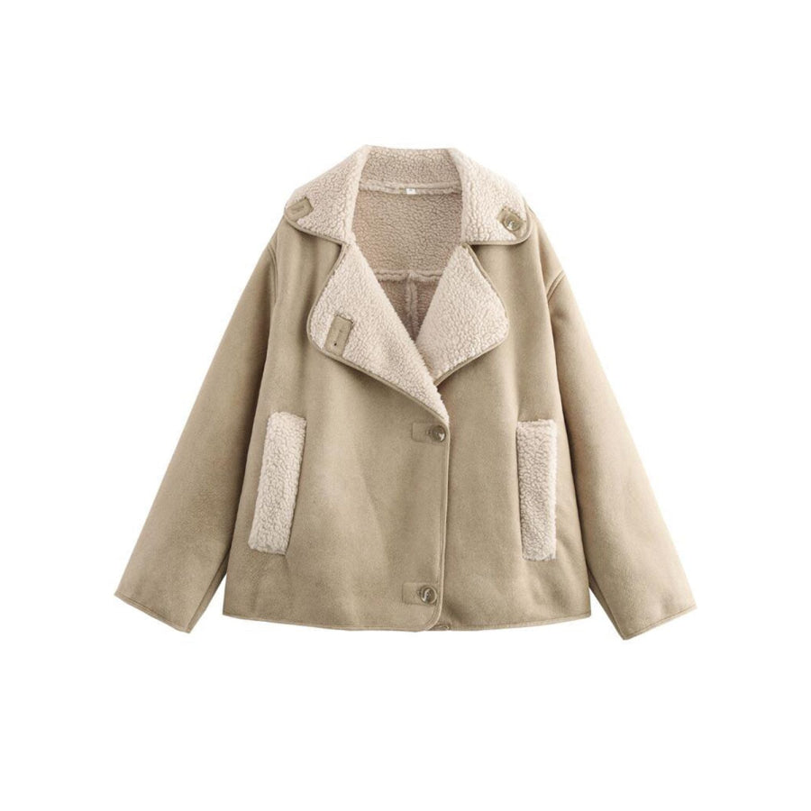 Collared Neck Long Sleeve Plush Jacket Beige / S Apparel and Accessories