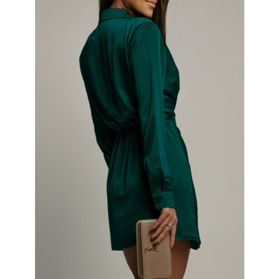 Collared Neck Long Sleeve Satin Dress Apparel and Accessories