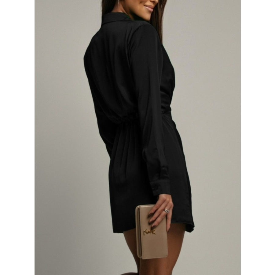 Collared Neck Long Sleeve Satin Dress Apparel and Accessories