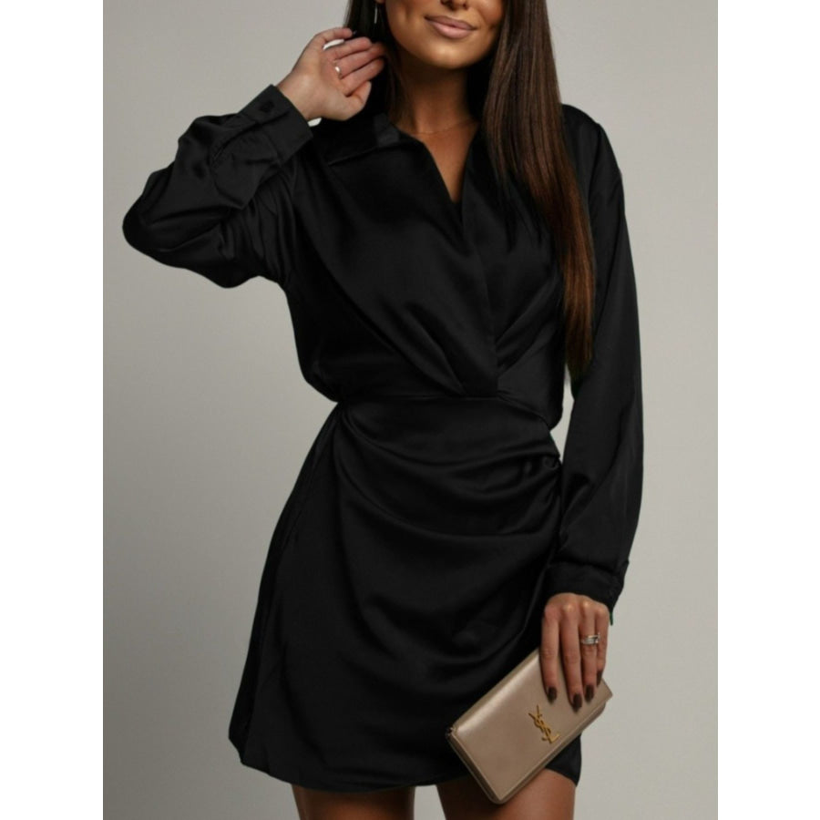 Collared Neck Long Sleeve Satin Dress Black / S Apparel and Accessories