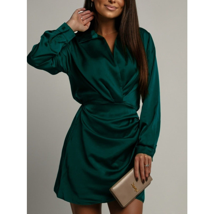 Collared Neck Long Sleeve Satin Dress Dark Green / S Apparel and Accessories