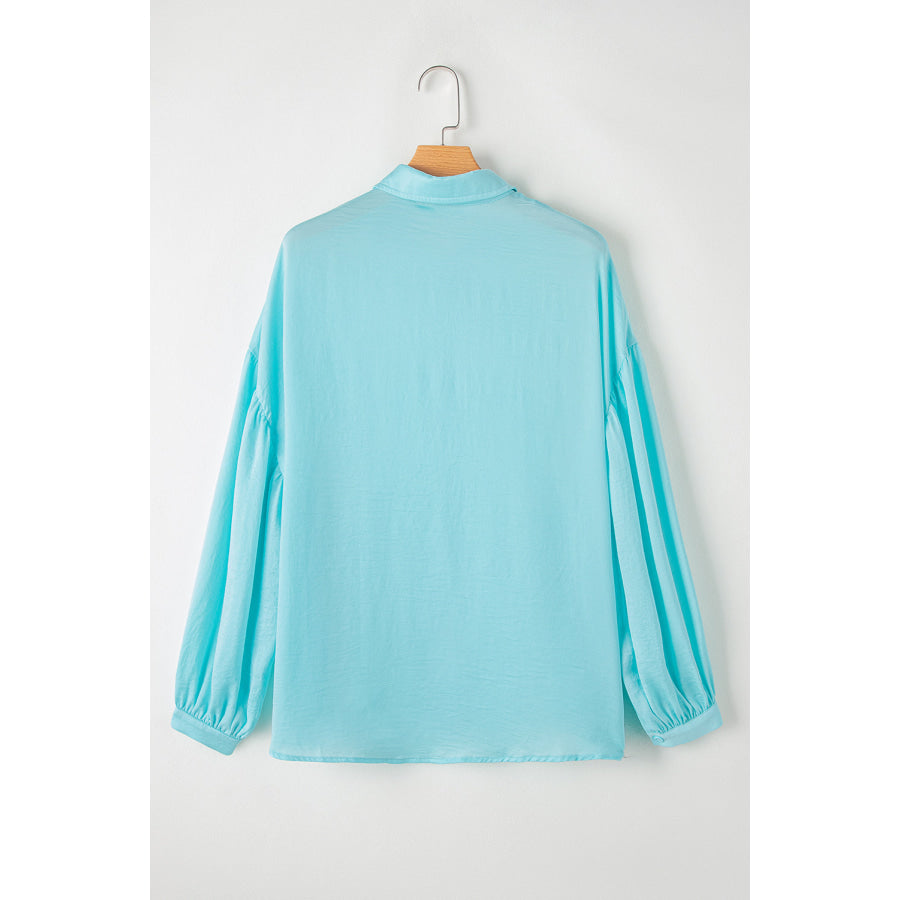 Collared Neck Long Sleeve Shirt Mint Blue / S Apparel and Accessories