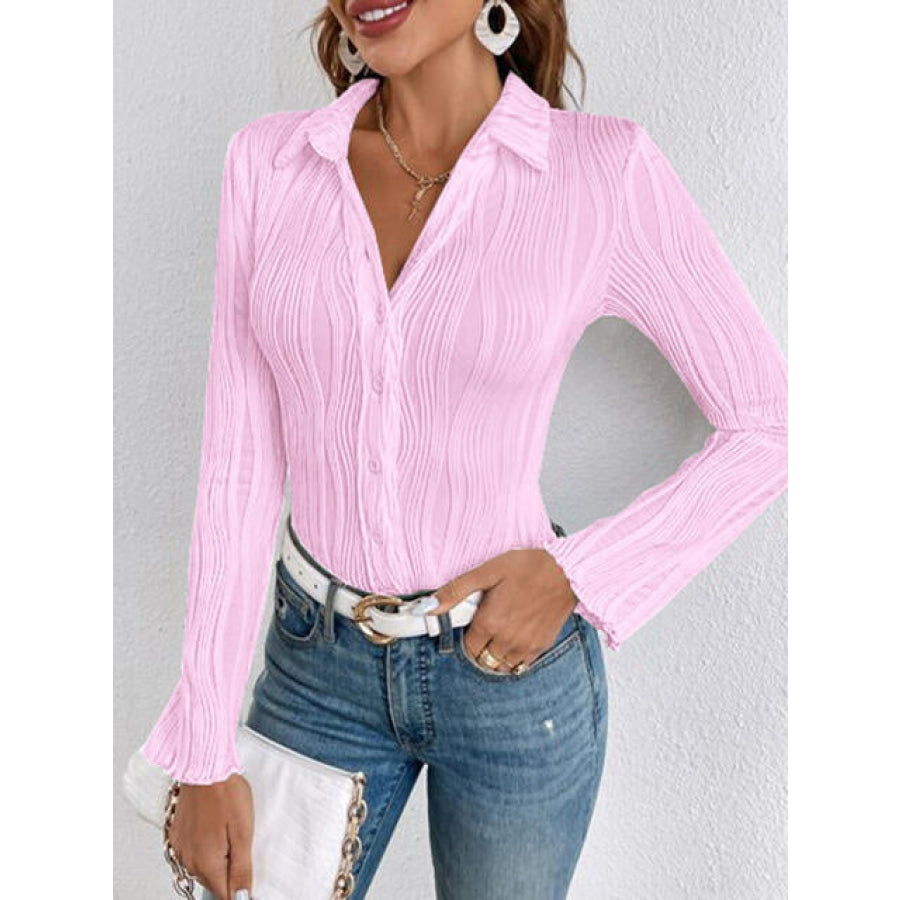 Collared Neck Long Sleeve Shirt Carnation Pink / S Clothing