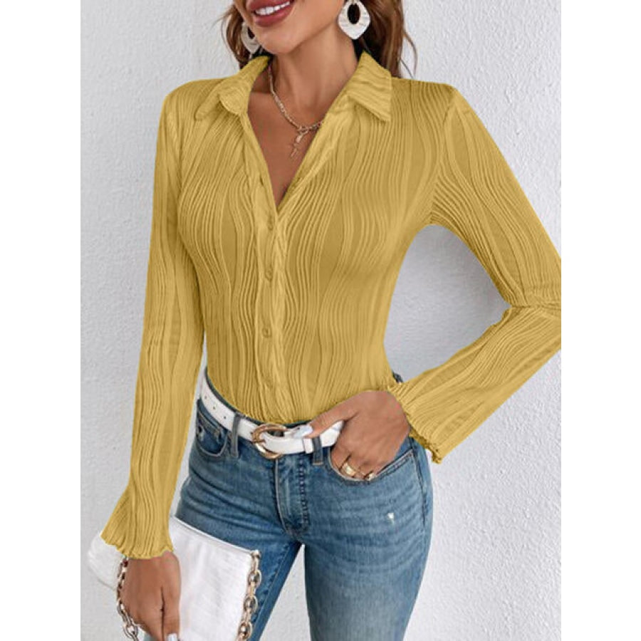 Collared Neck Long Sleeve Shirt Chartreuse / S Clothing