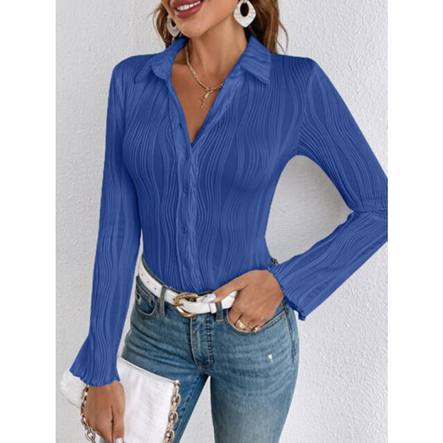 Collared Neck Long Sleeve Shirt Cobalt Blue / S Clothing