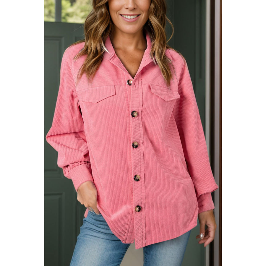 Collared Neck Long Sleeve Shirt Dusty Pink / S Apparel and Accessories