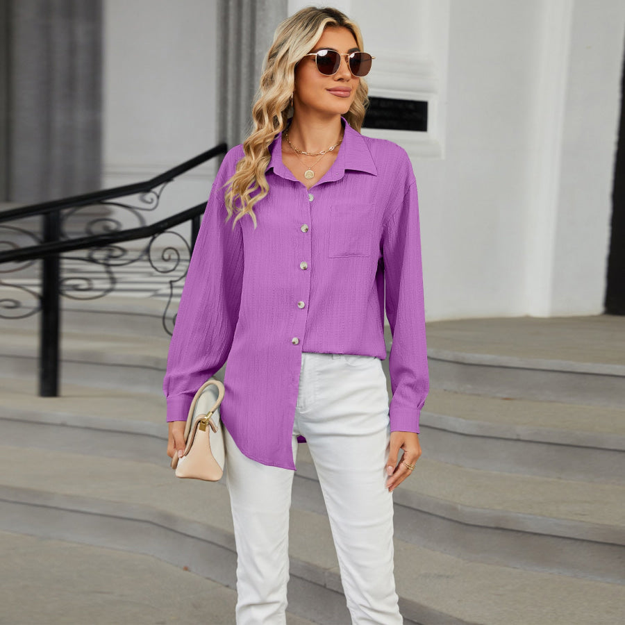 Collared Neck Long Sleeve Shirt Lavender / S Apparel and Accessories