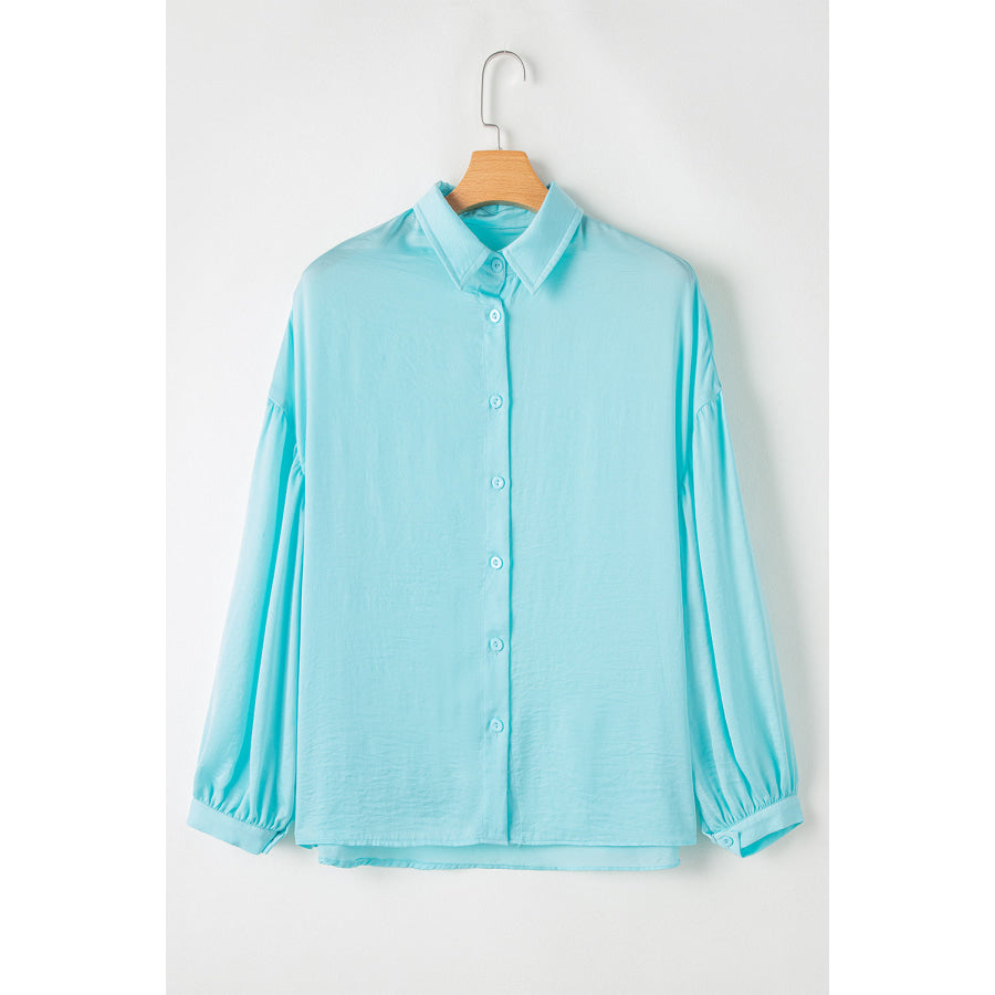 Collared Neck Long Sleeve Shirt Mint Blue / S Apparel and Accessories