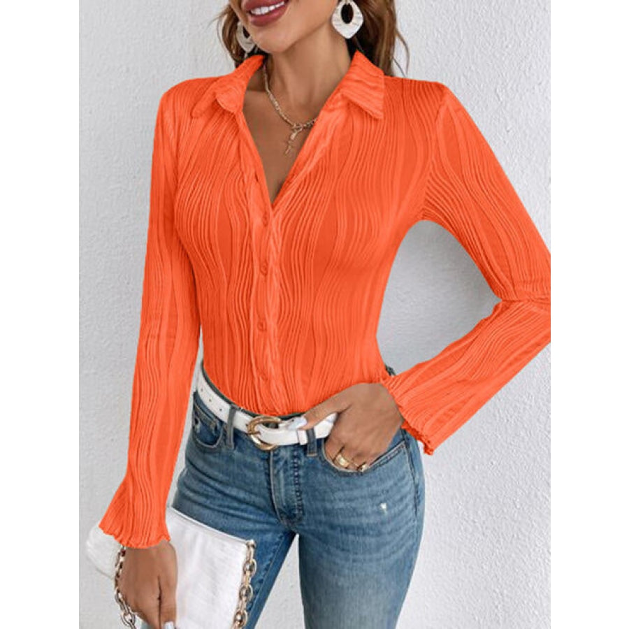 Collared Neck Long Sleeve Shirt Orange / S Clothing