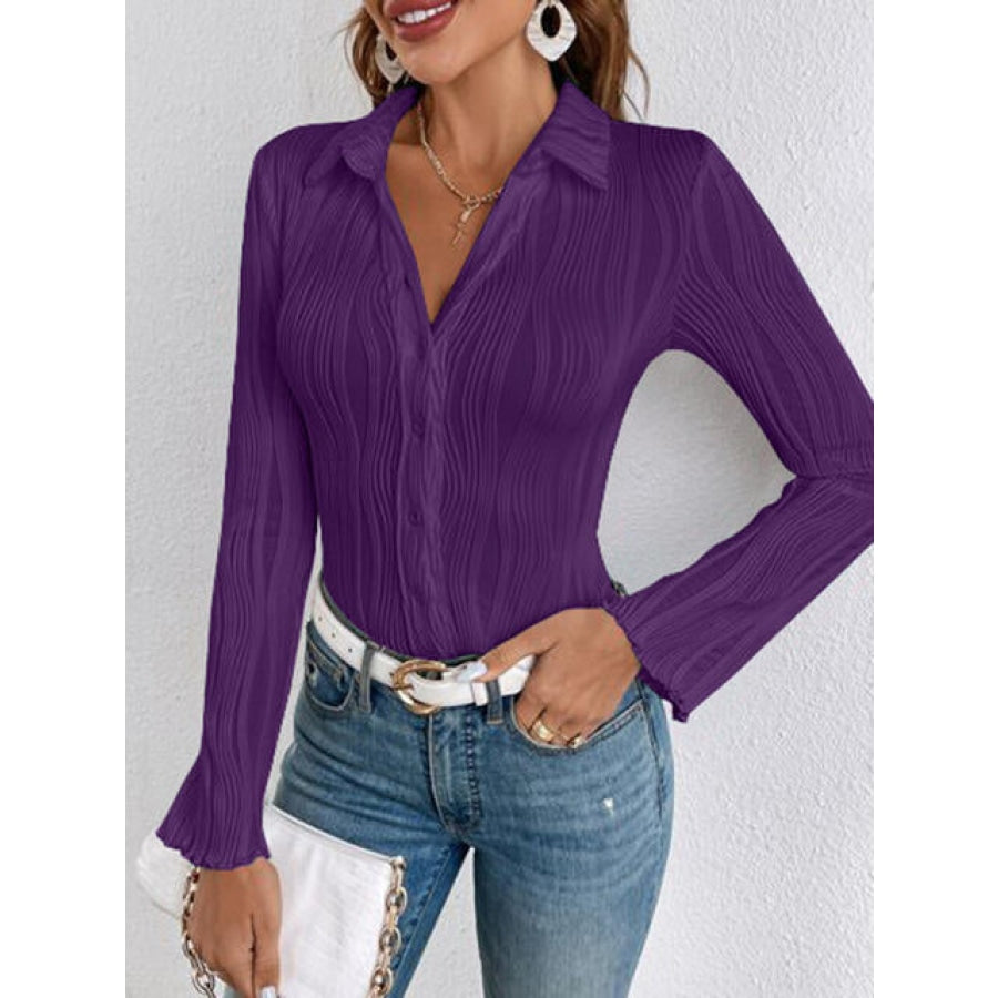 Collared Neck Long Sleeve Shirt Vivid Violet / S Clothing