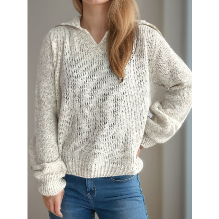 Collared Neck Long Sleeve Sweater Apparel and Accessories