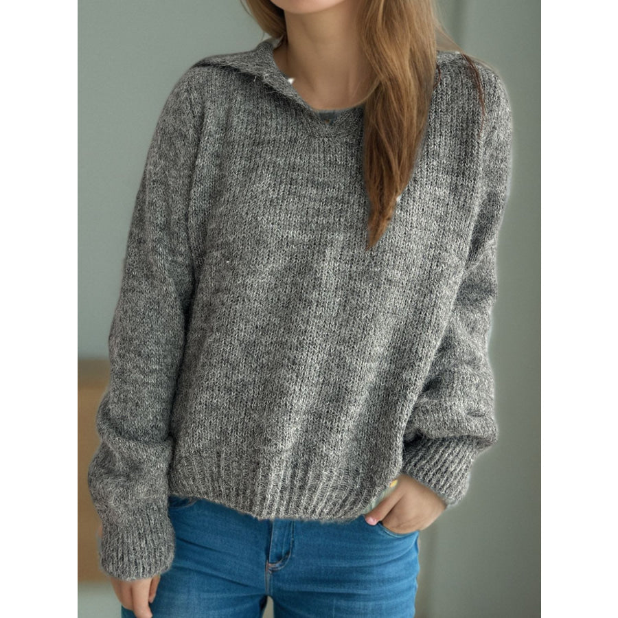 Collared Neck Long Sleeve Sweater Apparel and Accessories