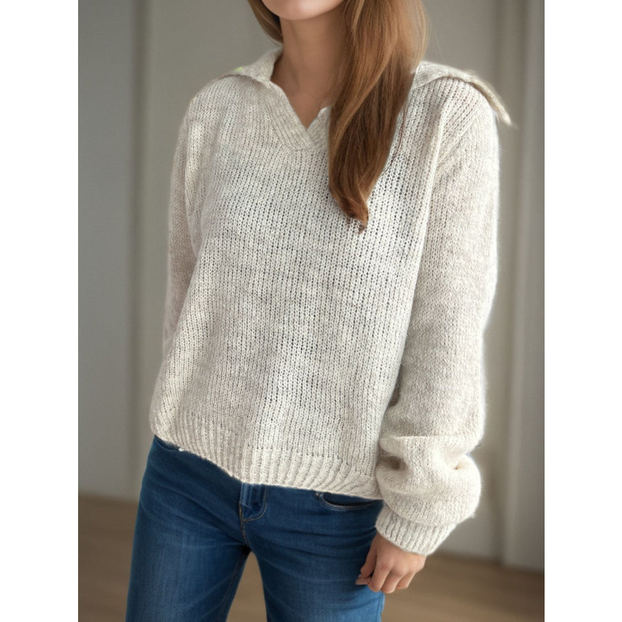 Collared Neck Long Sleeve Sweater Apparel and Accessories