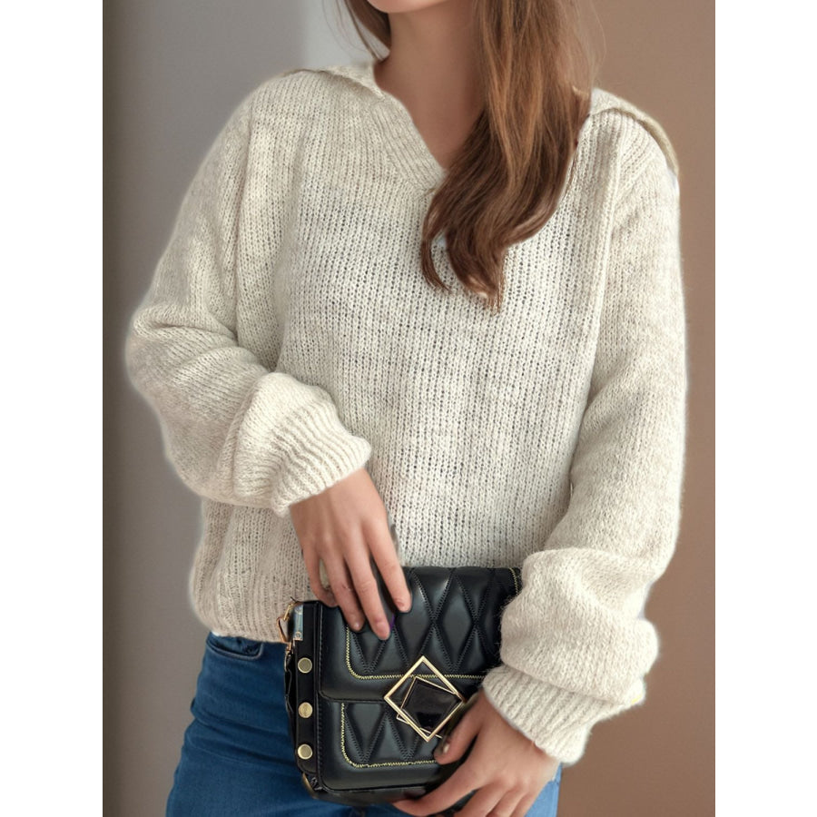 Collared Neck Long Sleeve Sweater Apparel and Accessories