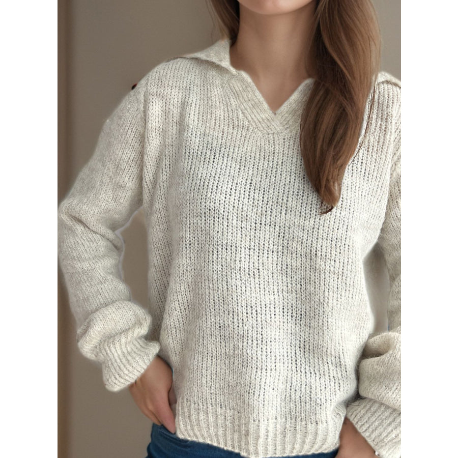 Collared Neck Long Sleeve Sweater Beige / One Size Apparel and Accessories