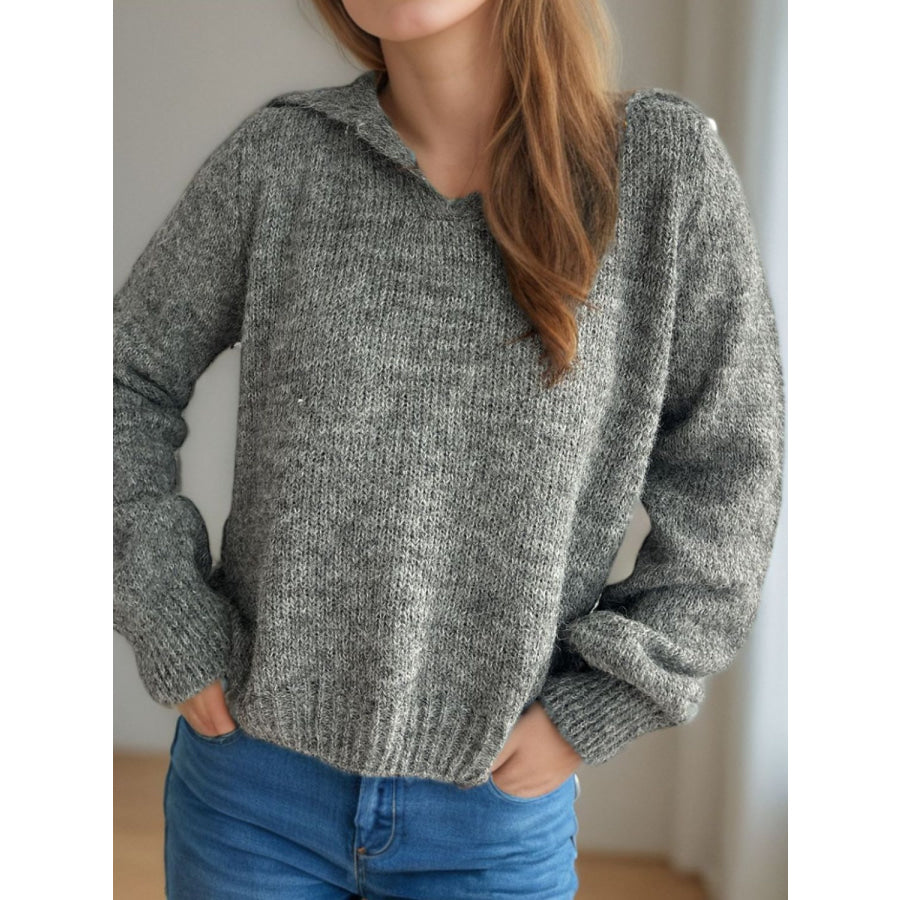 Collared Neck Long Sleeve Sweater Apparel and Accessories