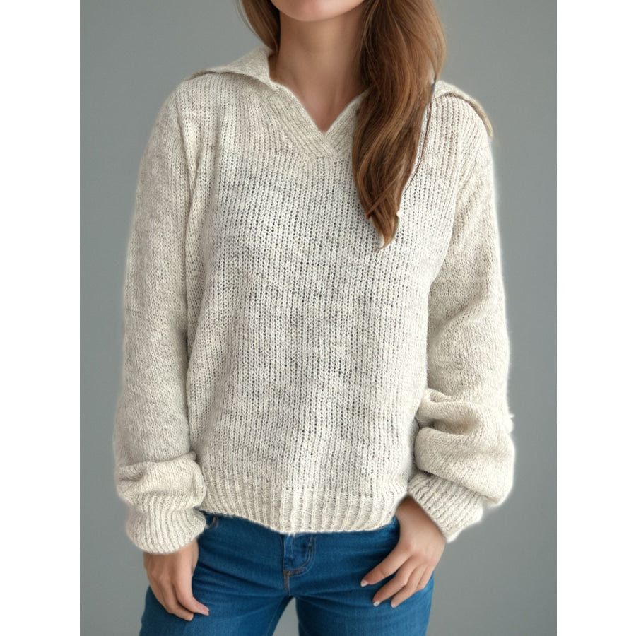 Collared Neck Long Sleeve Sweater Beige / One Size Apparel and Accessories