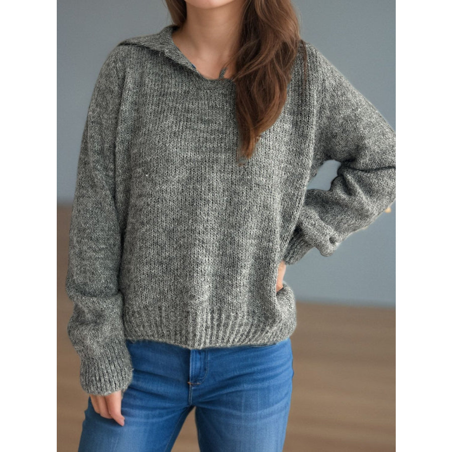 Collared Neck Long Sleeve Sweater Dark Gray / One Size Apparel and Accessories