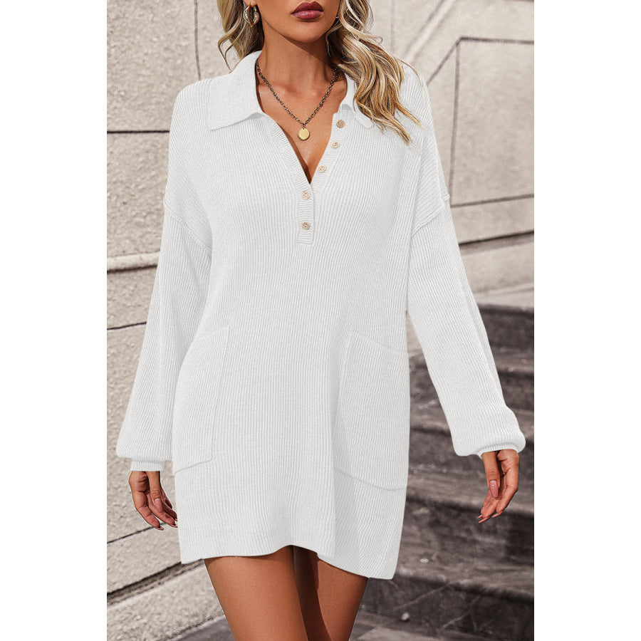 Collared Neck Long Sleeve Sweater Dress with Pockets Apparel and Accessories