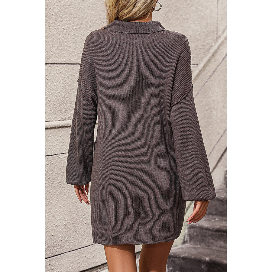 Collared Neck Long Sleeve Sweater Dress with Pockets Apparel and Accessories