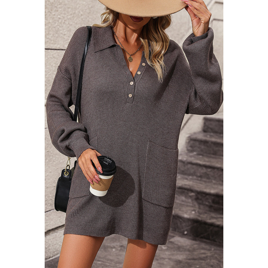 Collared Neck Long Sleeve Sweater Dress with Pockets Apparel and Accessories